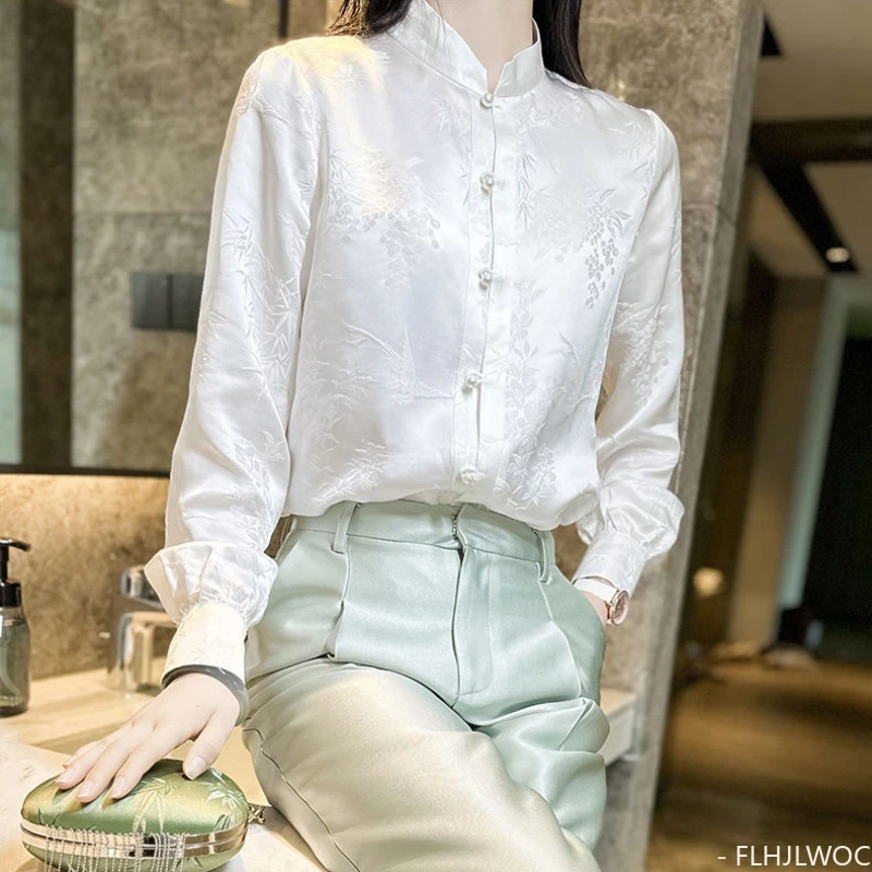 Chinese Style Chi-pao Collar Design Tops Blouses Woman New 2024 Spring Retro Vintage Thin Comfortable Button Basic White Shirts