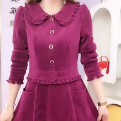 Ear Fungus Edge Doll Collar Dress for Autumn and Winter Slim Waist Light Luxury High-end Custom Corduroy A-line Skirt