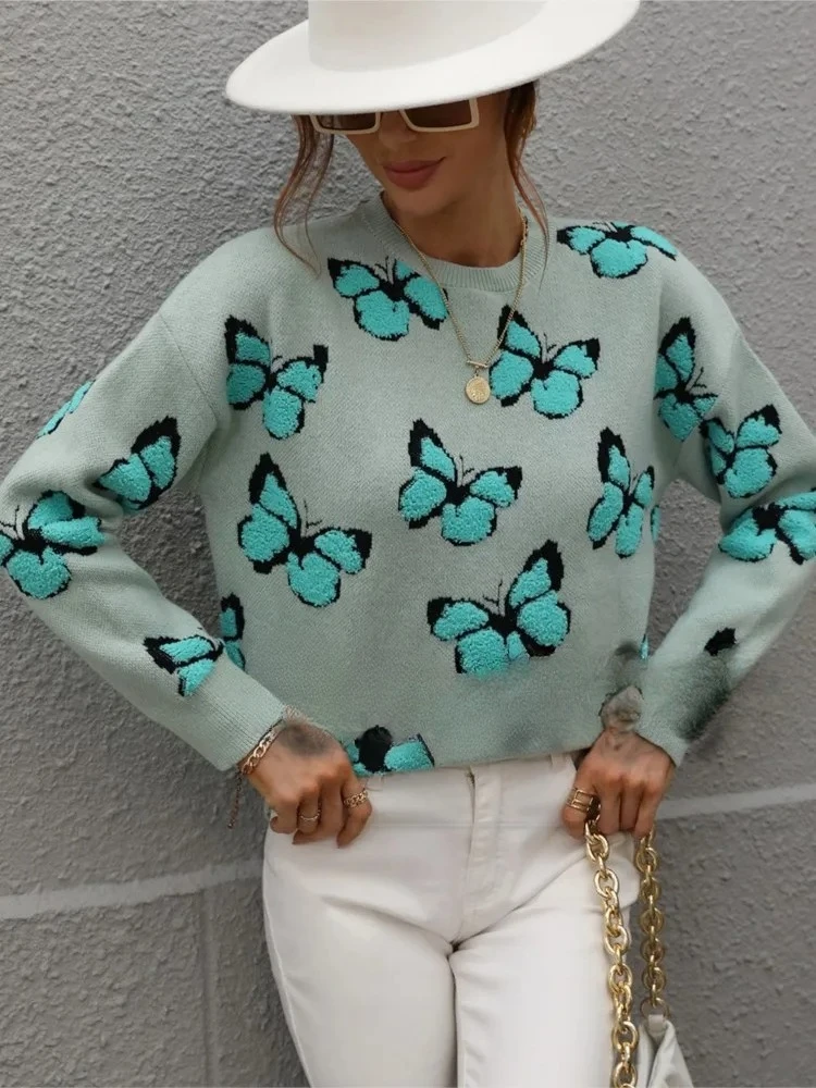 

Fashion Autumn Winter Butterfly Knitted Sweater Women Temperament O Neck Long Sleeve Knitting Pullover Ladies Commuting Clothing