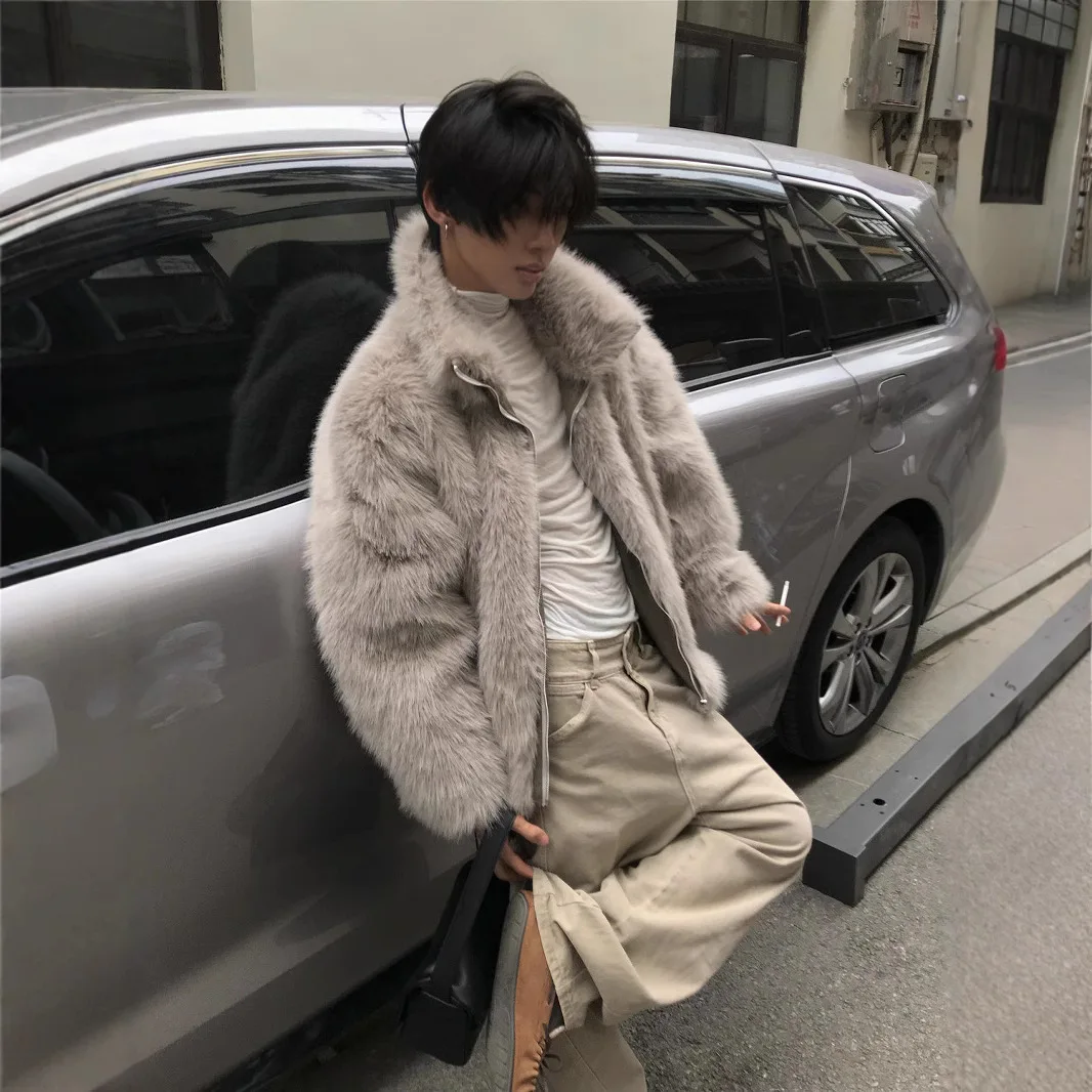 

Winter 2024 Plush New Fur Autumn and Winter Coat Imitation Leather Thickened Warm Standing Collar Jacket Fox Men's Trend