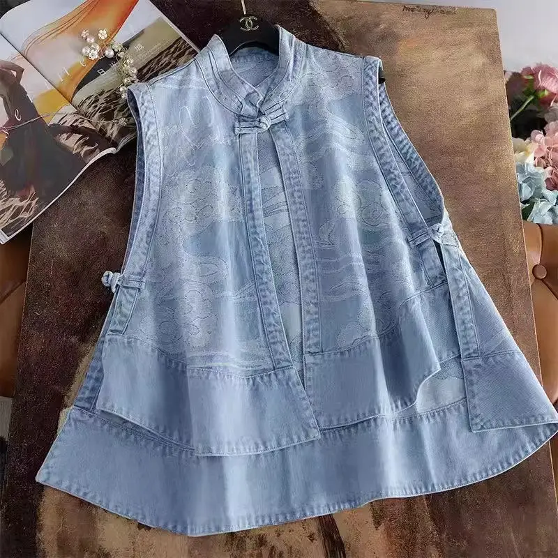 Ethnic Style Chinese Buckle Denim Vest Outerwear 2024 Autumn Large Size Qipao Top For Women Sleeveless Cardigan Jacket K1905