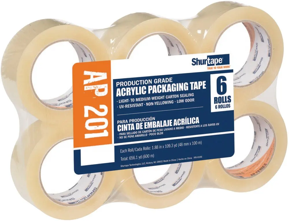 

AP 201 Medium Duty Shipping and Packaging Tape, Clear, 48mm x 100 Meter Roll, 6-Pack (232518)