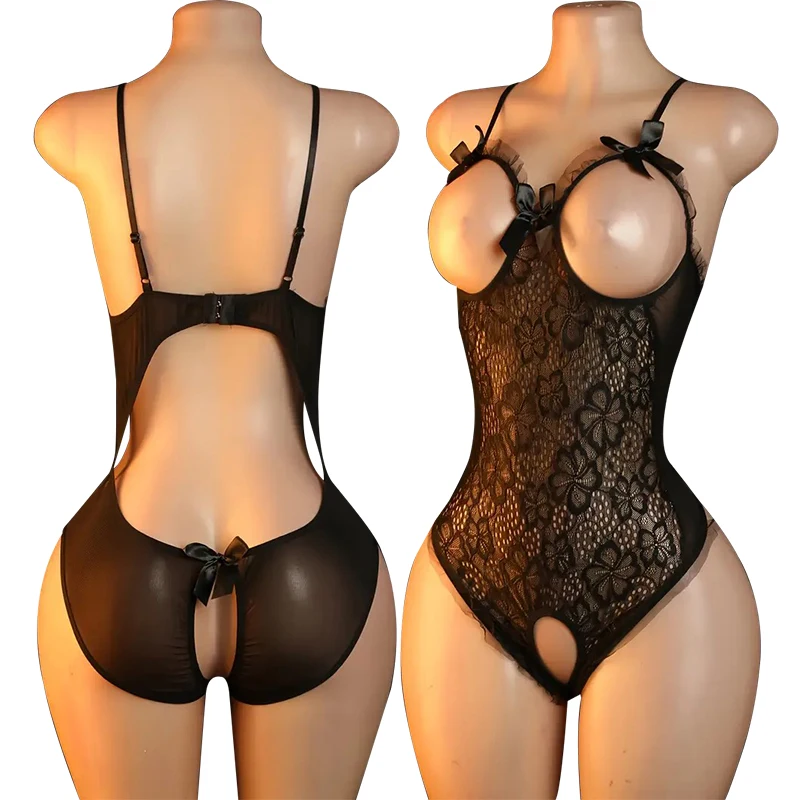 Women Porn Underwear Lace Hollow Open Bra Set Plus Size Sexy Costumes Deep V Neck Teddy Bodysuits Erotic Crotchless Lingerie Set