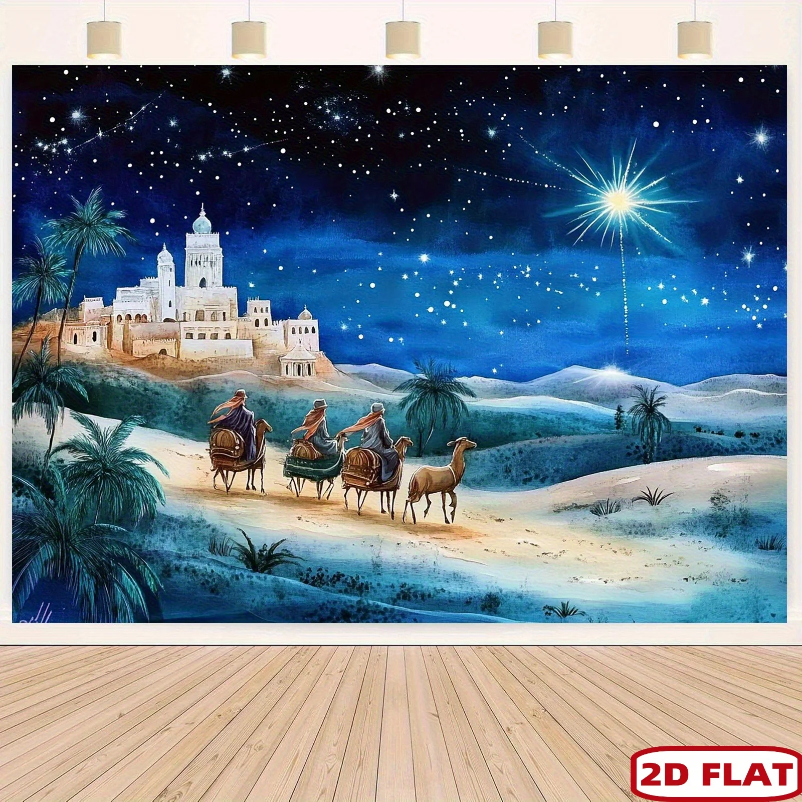 قطعة واحدة من لافتة ميلاد عيد الميلاد - ثلاثة رجال حكماء يبعون نجمة بيثليهيم، مع خلفية من السماء المرصعة بالنجوم والمناظر الطبيعية الصحراوية #2