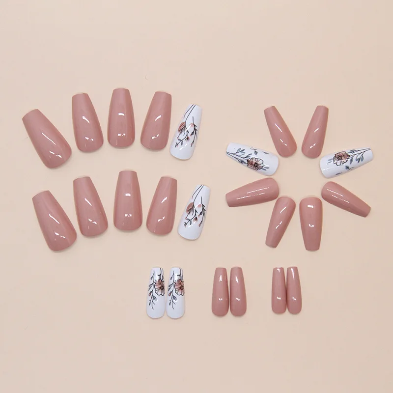 قم بترقية أسلوب أظافرك، 24 قطعة، متوسط الطول، شكل باليه، أوراق خريف بسيطة، زهور صغيرة، بنات، متعددة الاستخدامات، ارتداء الأظافر، #3
