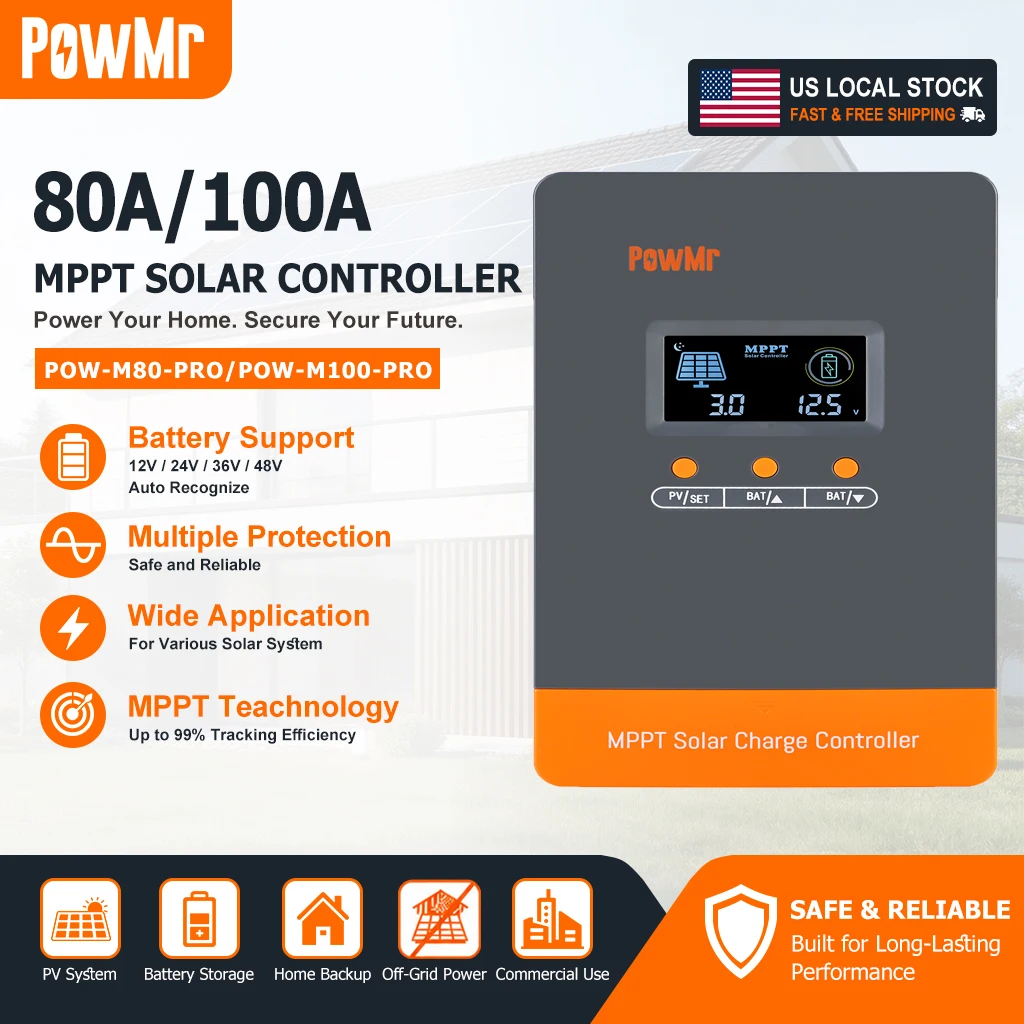 PowMr M-Pro MPPT Solar Charge Controller 80A 100A 12V 24V 36V 48V Parallel Support LiFePO4 Lithium Off Grid Solar US Local Stock