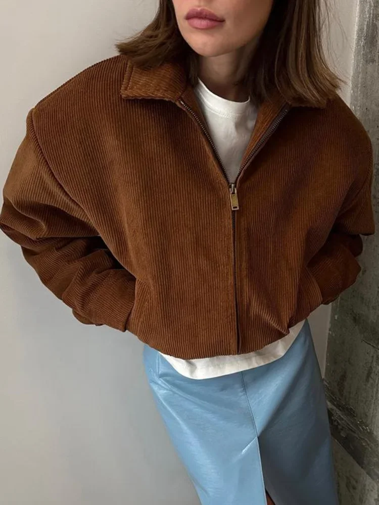 

Women Vertical Stripes Corduroy Short Jacket Casual Lapel Zipper Pocket Loose Coats New Autumn Chic Lady Daily Street Outwear
