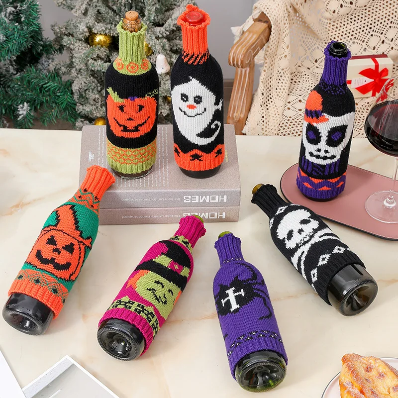 New Halloween Knitted Wine Bottle Cover Pumpkin Ghost Skull Witch Pattern Wine Sleeve for Dinner Table Party Home Decor Supplies