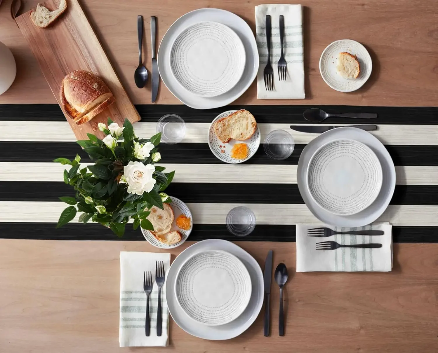Black and White Striped Linen Table Runners Farmhouse Retro Rustic Wood Texture Durable Table Runner Kitchen Dining Party Decor