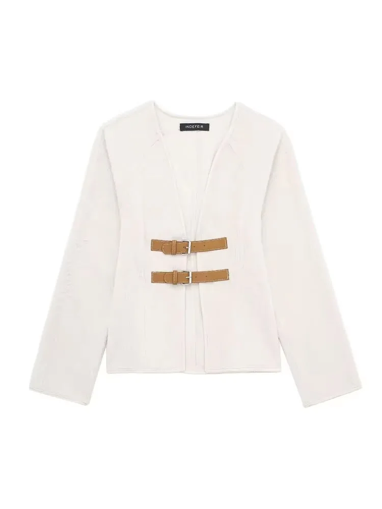 2024 Spring Woman\'s Fashion Casual Beige Cardigan Sweater Coat V-Neck Long Sleeves With Belt Knitted Crop Tops Streetwear