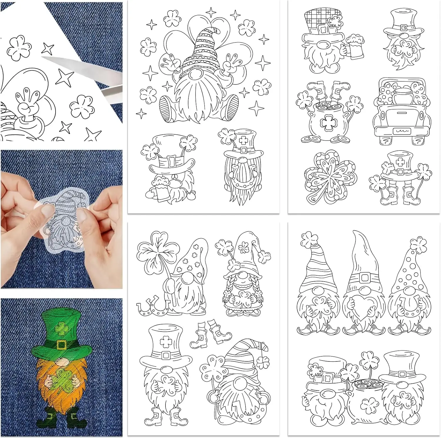 4-Sheets Water Soluble Embroidery Paper Self-Adhesive St. Patrick's Day Shamrock Patterns for DIY