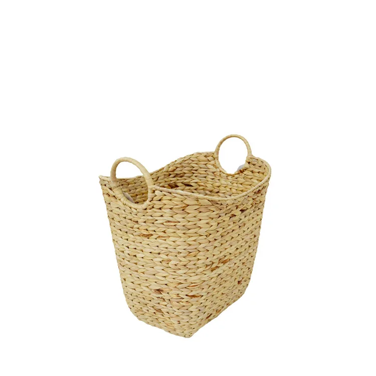 Customized boat shaped natural water hyacinth grass hand woven storage basket for dirty clothes storage basket with handle