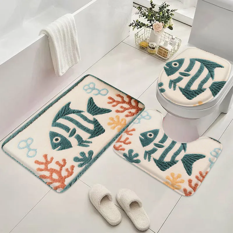 

3PCS beach biological bathroom absorbent pad with toilet seat cushion, U-shaped anti slip foot pad, and entrance small carpet