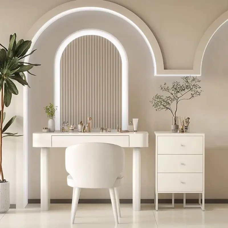 Simple Storage Makeup Vanity Desk Wooden Glossy Mirror Vintage Makeup Vanity Desk White Corner Kaptafel Furnitures For Bedroom