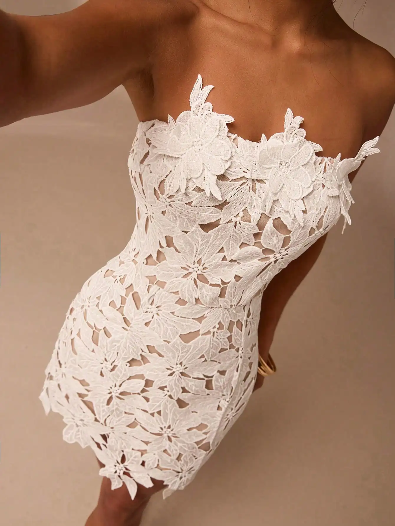 

White Floral Lace Strapless Mini Dress with 3D Flower Embellishment