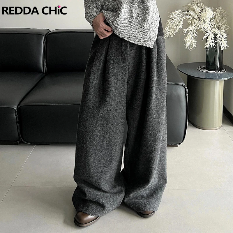ReddaChic ทํางานสํานักงานผู้หญิง Tweed กางเกง Casual หลวม Fit สีกากี Textured เอวสูงขากว้างกางเกงฤดูใบไม้ร่วงเสื้อผ้าวินเทจ