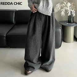 ReddaChic Office Work Women Tweed Pants Casual Loose Fit Khaki Textured High Waist Wide Leg Suit Trousers Autumn Vintage Clothes