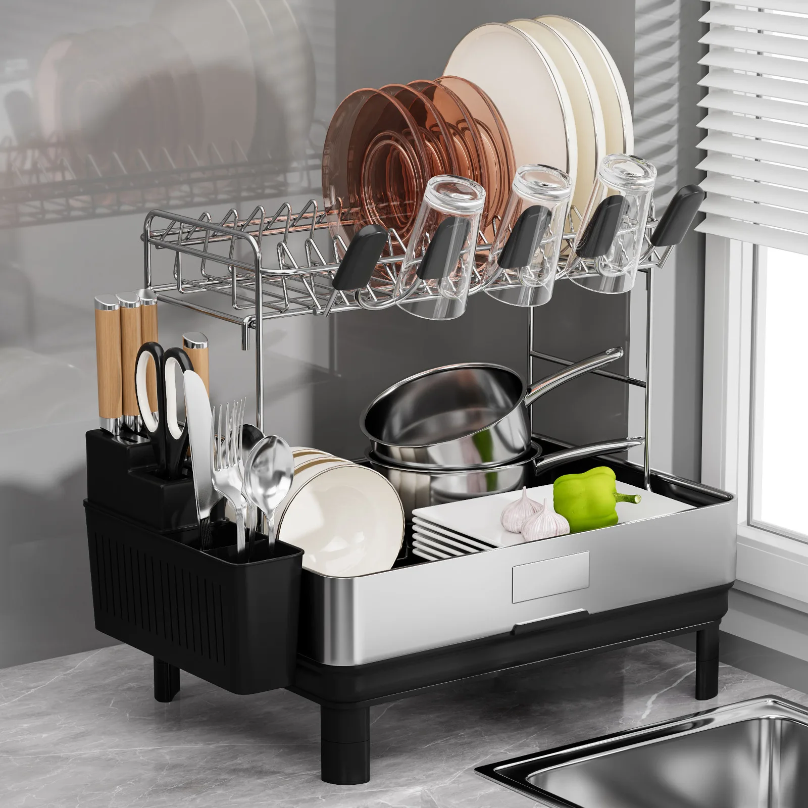 

Dish Drying Rack 304 Large Stainless Steel Dish Drainer for Kitchen Counter Knife Stand Organizer Cutlery Holder Drip Tray Rack