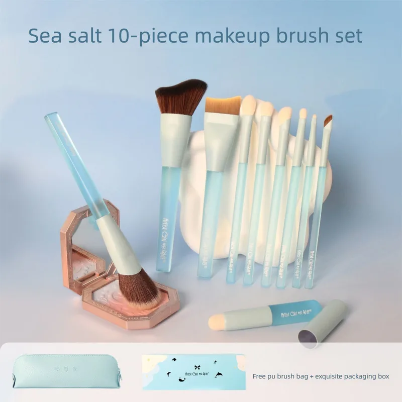 

Painter's Sea Salt 10-piece Brush Set With Synthetic Bristles For Beginners, Eyeshadow Eyeliner Brush, Portable Beginner Makeup