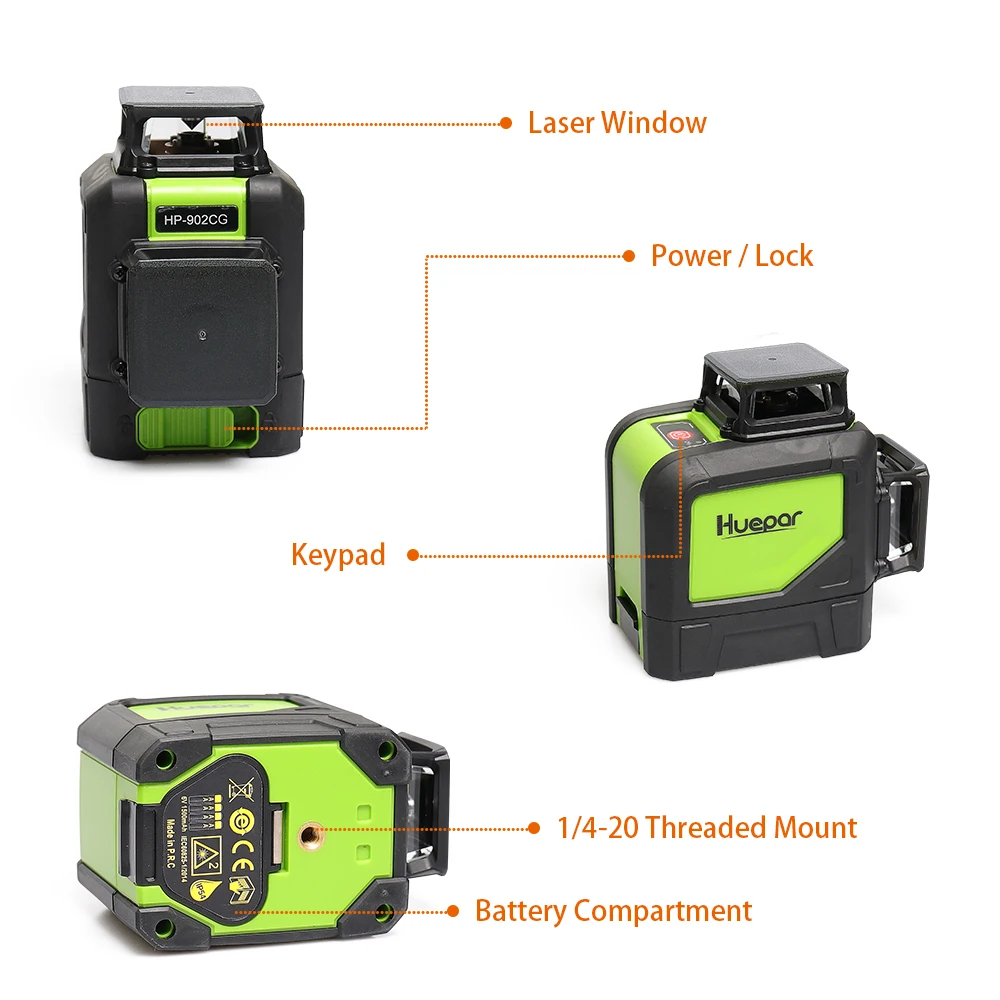 Huepar 902CG samopoziomujący poziom lasera krzyżowego 360 stopni z trybem impulsowym, przełączana pozioma i pionowa zielona wiązka