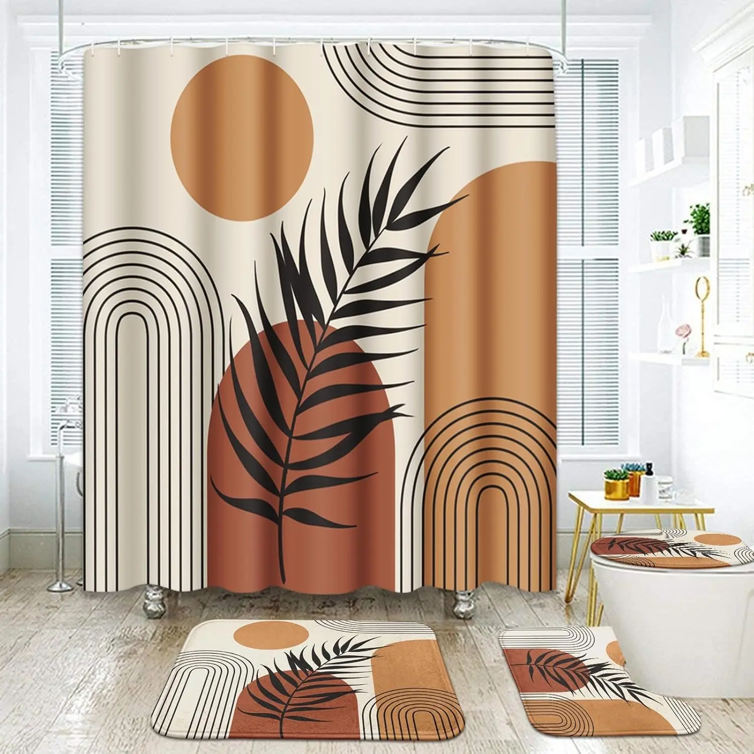 

Набор для ванной комнаты с занавеской для душа и ковровыми аксессуарами, занавеска для душа из коричневого листа для украшения ванной комнаты, 4 шт.