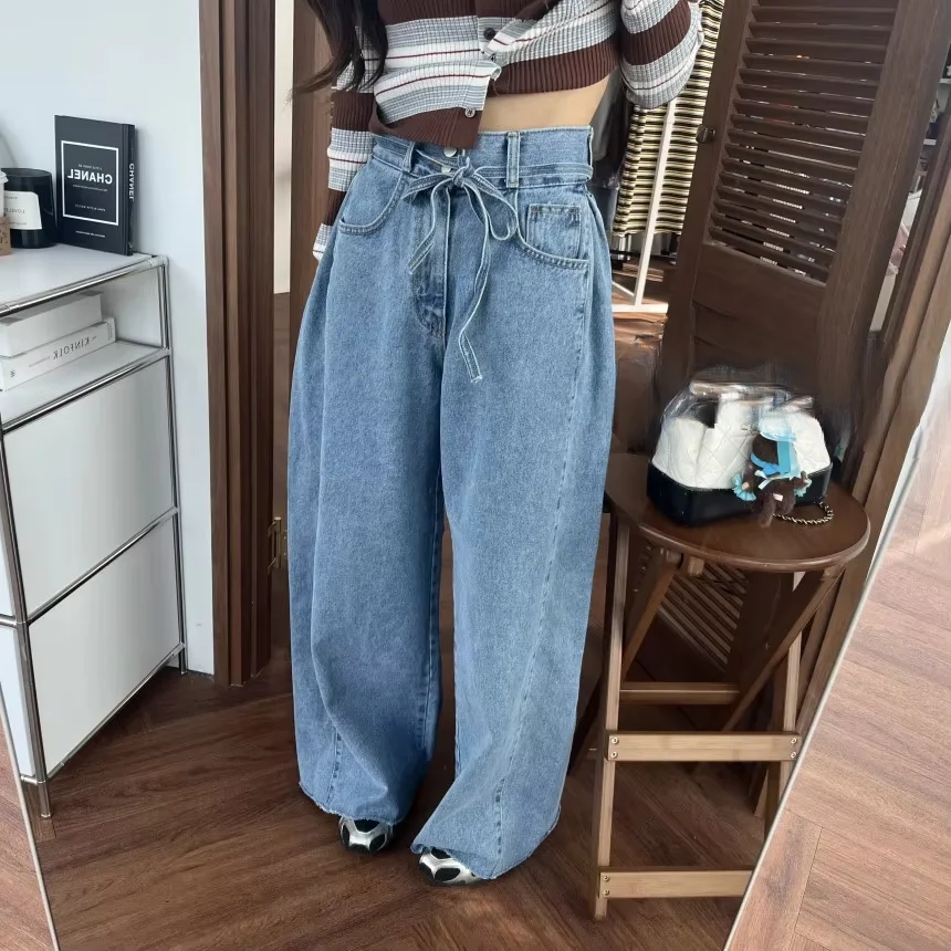 

High Waist Compressed Jeans New Spring Two Buttons Long Pants Casual Style Pure Color with Frayed Hem for Women