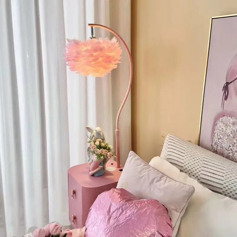 Pink Feather Led Floor Lamps for Living Room Sofa Side Remote Control Dim Standing Light Bedroom Bedside Cozy Atmosphere Lights