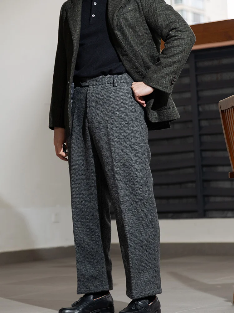 

POT&CRAFTSMAN Winter thick men's high waisted wide leg pants without pleats loose straight leg pants pure wool coarse flower