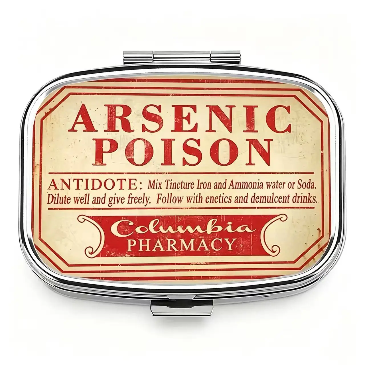 2 Compartments Metal Pill Box, Vintage Arsenic Label Print Portable Pocket Pill Case, Travel Medicine Storage Container