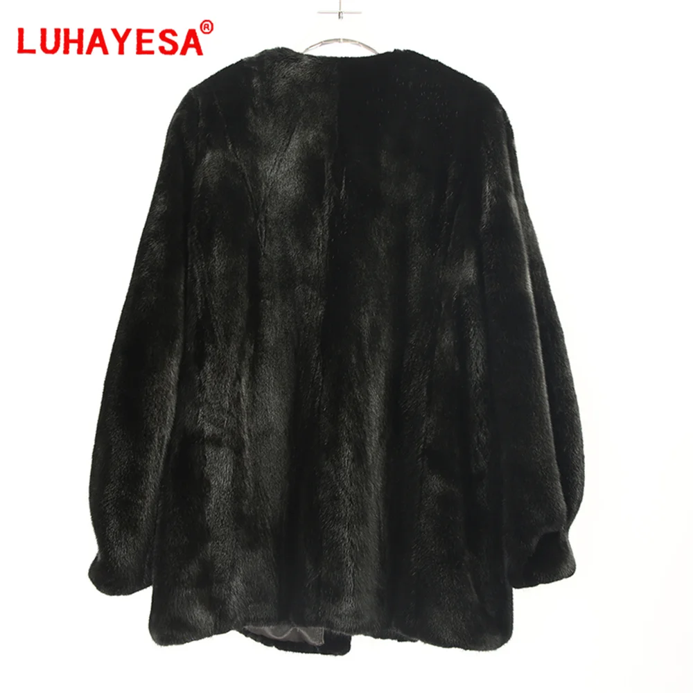 2024 New North Ameria Female Mink Fur Coat Luhayesa Black Medium Long V Neck Top Luxury Real Fur Mink Jackets