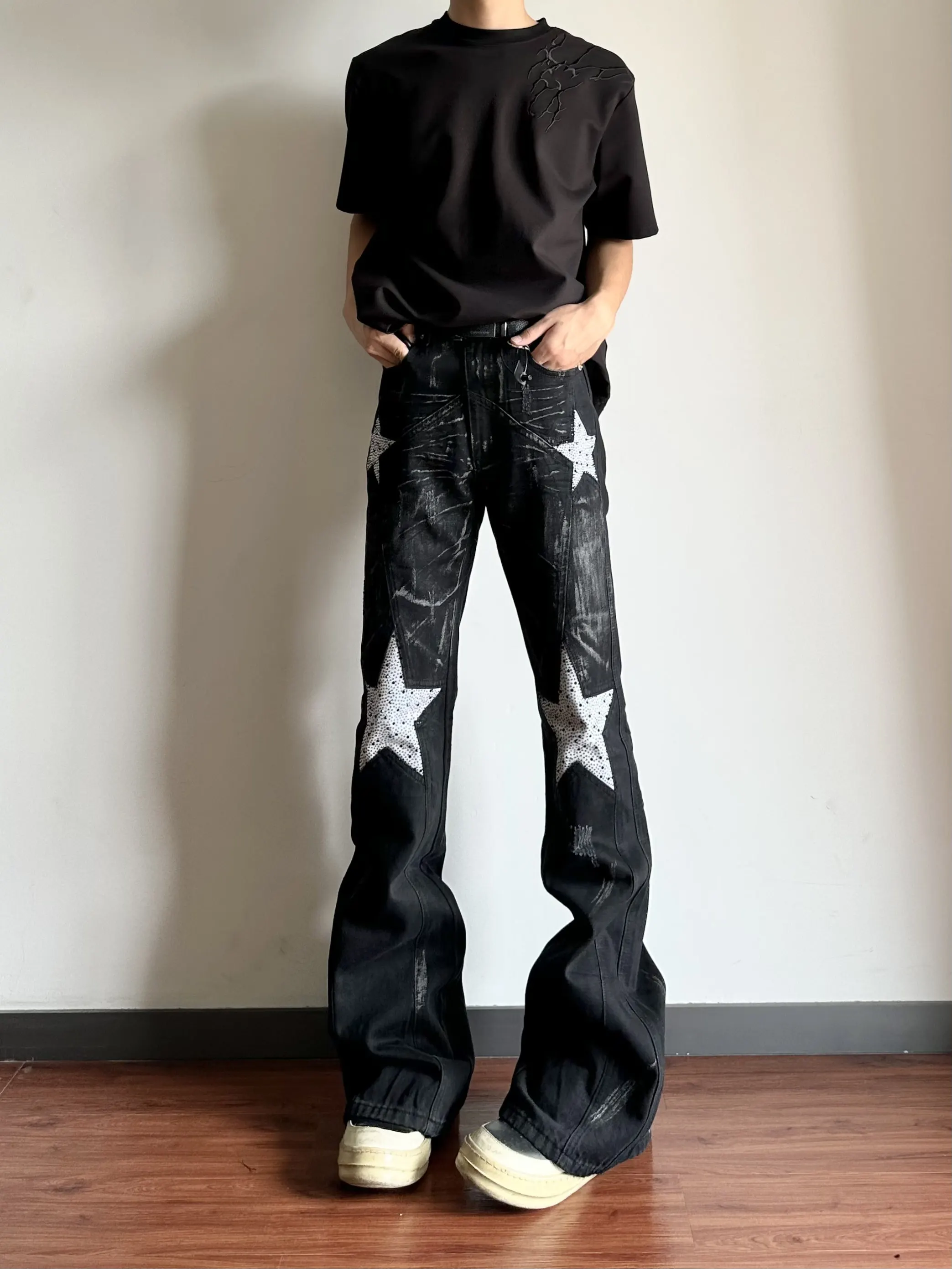 

Retro American High Street Men's Flared Jeans Trendy Brand Rhinestone Star Graffiti Long Trousers mid Waist Zipper Closure