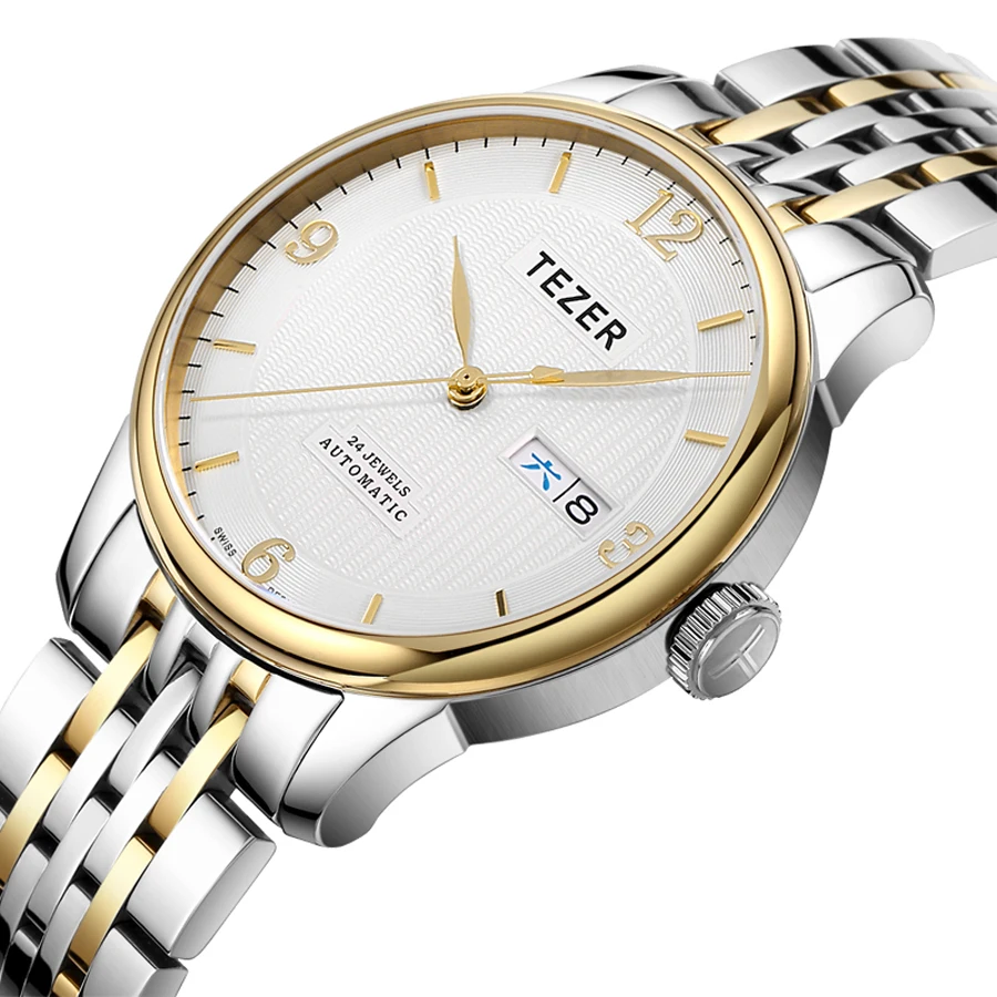 TEZER Men Automatic Watch | Two‑Tone Steel Band | Arabic Numeral Dial | Day‑Date Window | 50M Water Resistant Wristwatch