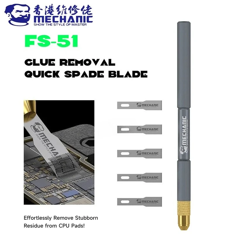 MECHANIC FS-51 Entfernungsschaufel-Klingensatz aus Hartstahl für die Reparatur von IC-Chips auf Mobiltelefon-Motherboards, zum Schaben und Reinigen von Kleber.