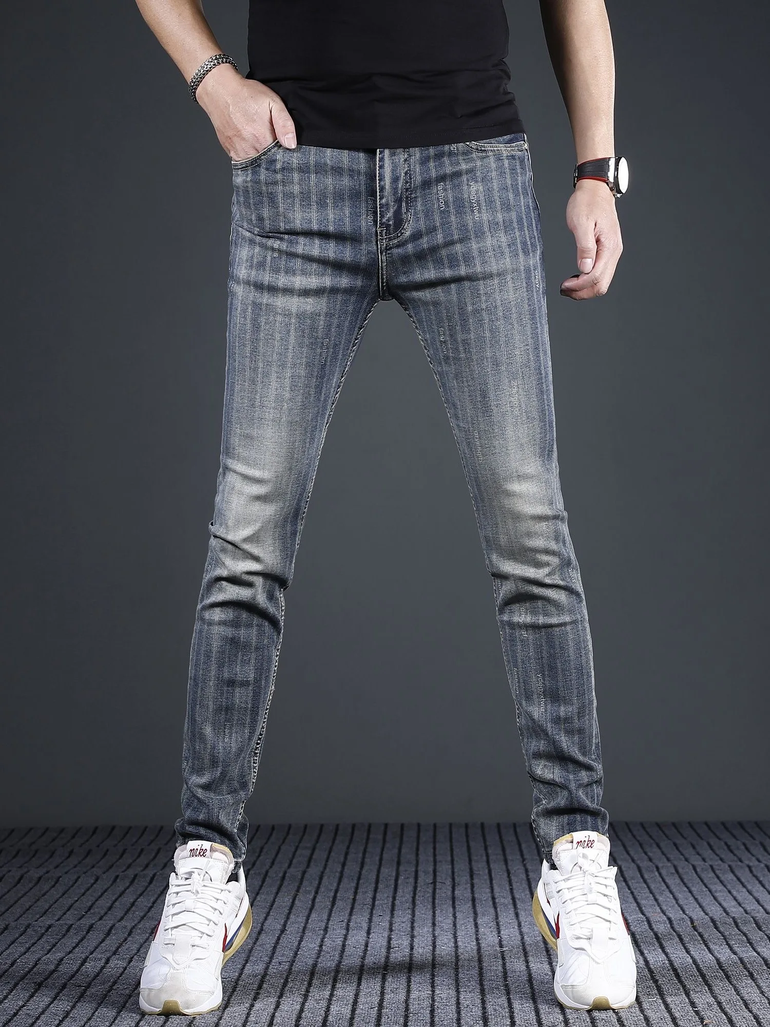 

High-End Faion Striped Men's Jeans Slim Fit Elastic Casual Breathable Youthful Sle mid Waist Long Pants Four Seasons