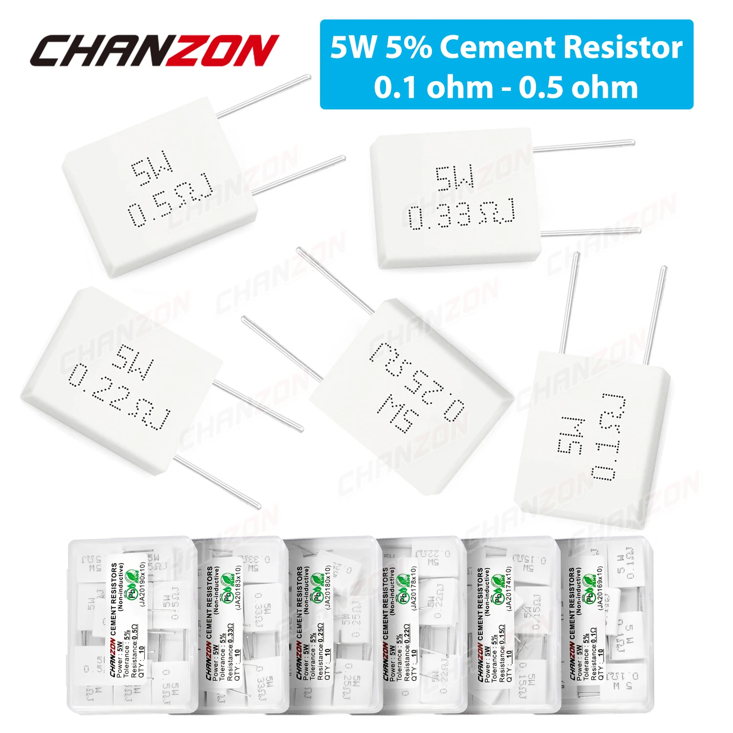 5% 시멘트 권선 저항기, 0.1 0.15 0.22 0.25 0.33 0.5 Ohm R 5 와트, 비유도 고정 와이어, 감긴 세라믹 저항, 5W, 10 개