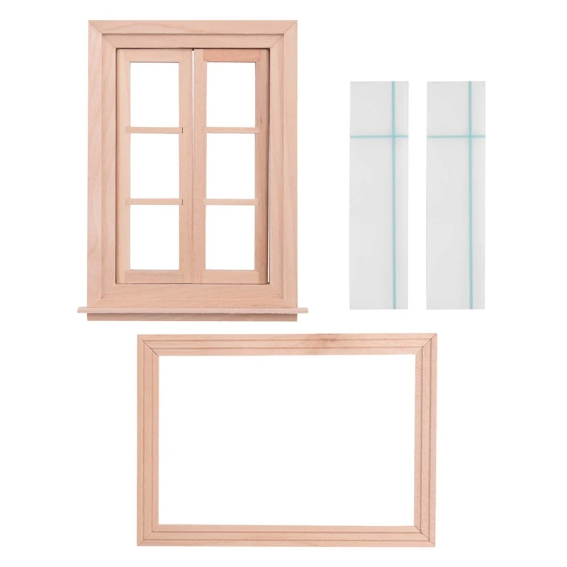 FBIL-1:12 Dollhouse Miniature Double Window Wooden 6 Pane Frame And Glass Plate Doll House Diy Double Window Accessories For Dol