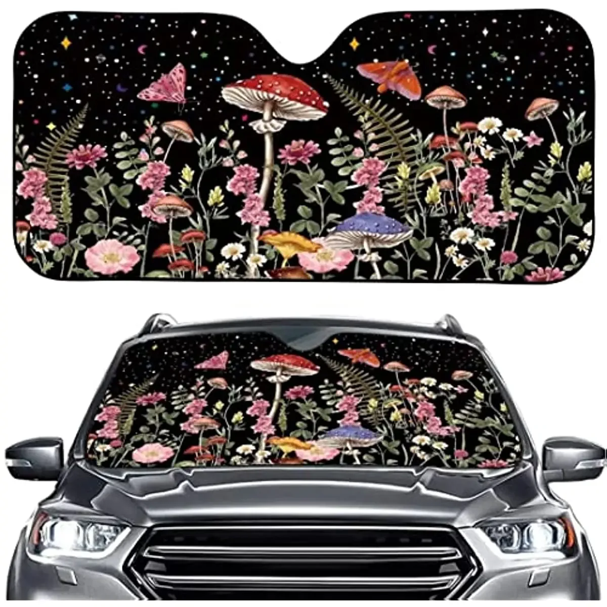 ORGYPET Mushroom Floral Black Car Sunshade Windshield Shades for Women Car Interior Accessories,Folding Car Windshield Sun Shade