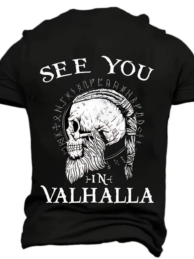 

Full-Body Nordic warriors Skull&Valhalla Graphic design-100% cotton summer casual O-neck short-sleeved men's printed T-shirt.