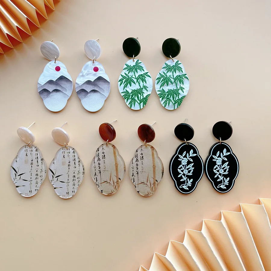 Guofeng الأقراط النمط الصيني الجديد الخيزران الحبر اللوحة قلادة الأقراط مزاجه Guochao الأقراط النمط الصيني كله