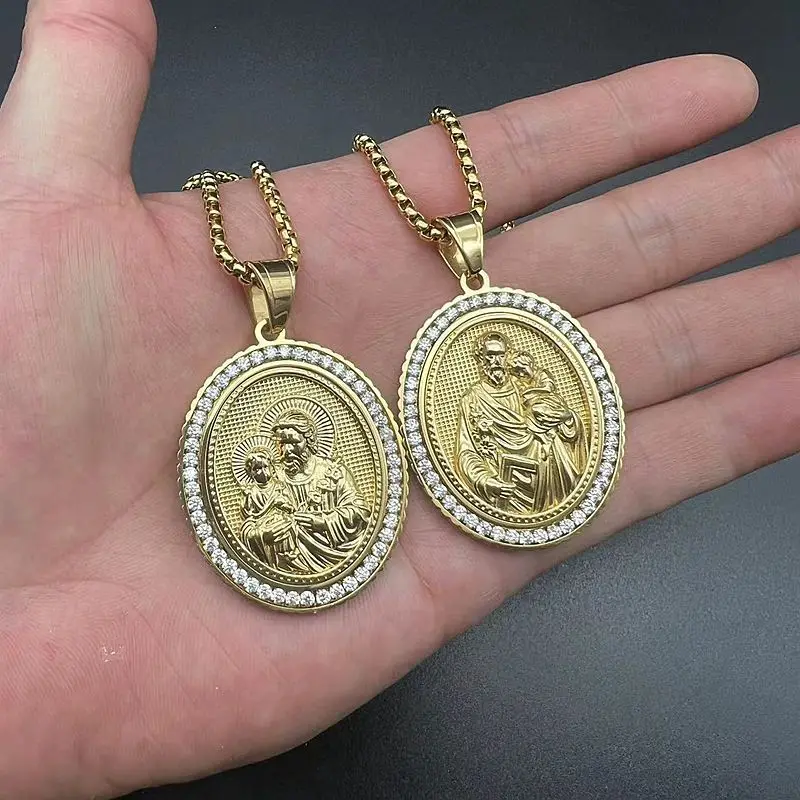 Hip Hop Bling Iced Out Gold Color Stainles Steel JESUS Virgin Mary Saint Pendants Necklaces for Men Rapper Christian Jewelry