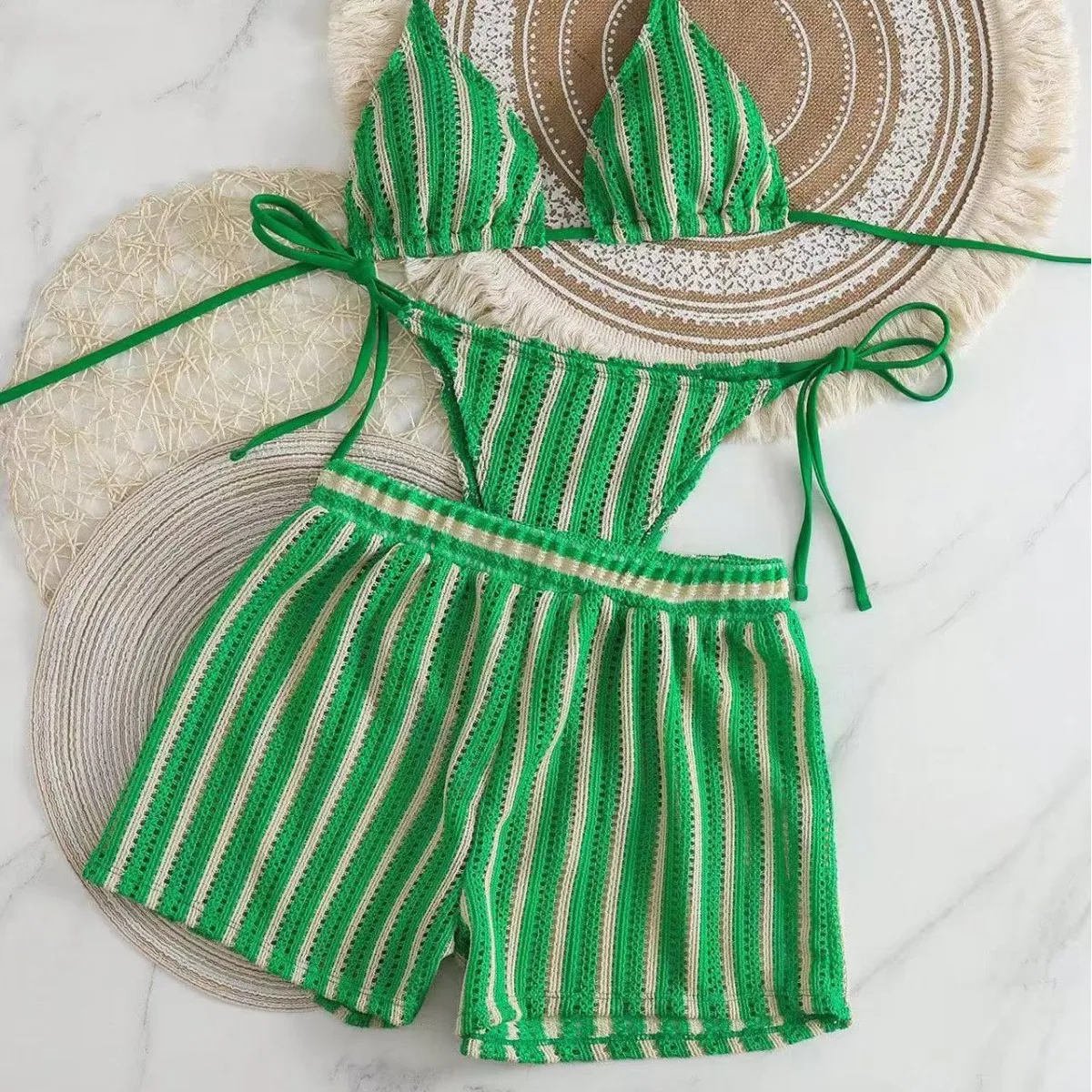 Fanan 2026 Summer New Women Style Boxer Shorts Mesh Three-piece Women's Swimsuit Neck Lace-up Bikini Set