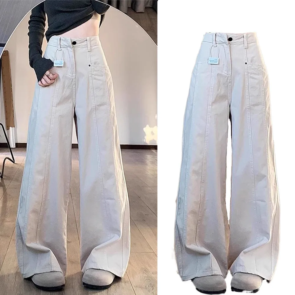 미국 하이 스트리트 스타일 와이드 레그 데님 진 여성용 루즈핏 하이웨이스트 슬림 스트레이트 롱 팬츠 가을 디자인
