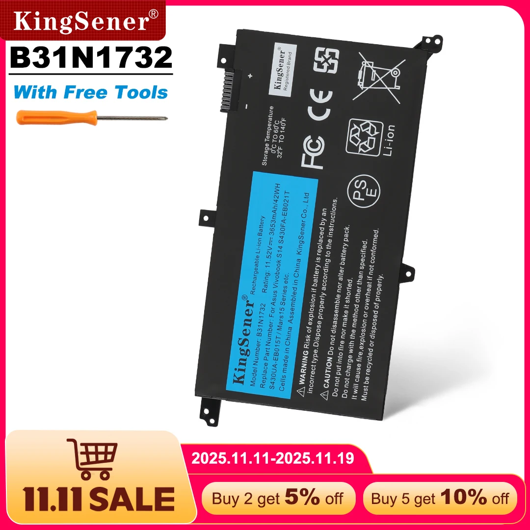 

KingSener B31N1732 Аккумулятор для ноутбука ASUS VivoBook X430UA X430UF X430UN X430FA X430FN X571G X571LH X571GT 11,52 В 42WH