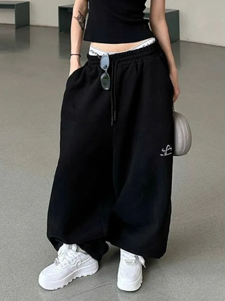 HOUZHOU Vintage Y2k kebesaran hitam celana olahraga wanita Jogger Mode Korea celana olahraga longgar Kpop Harajuku Streetwear celana panjang