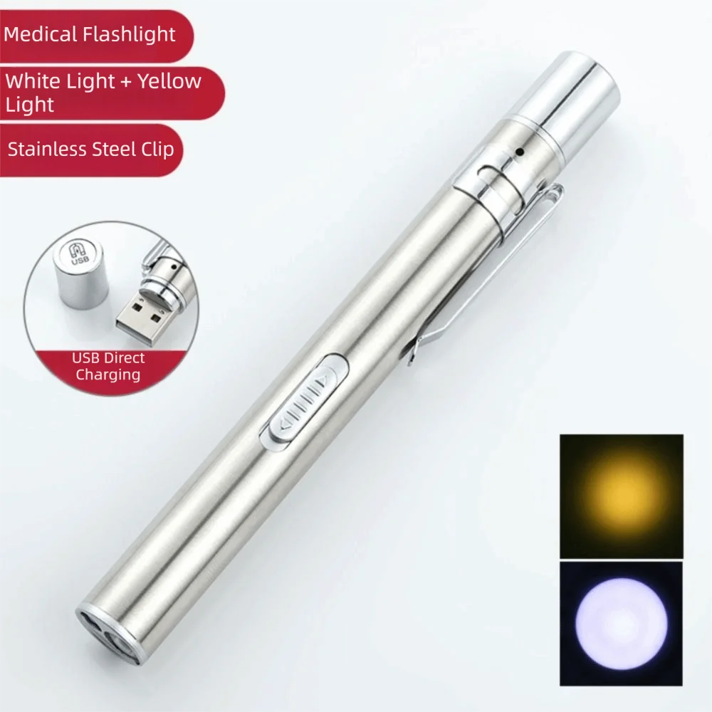 Lampe de poche pour infirmière rechargeable par USB, lumières jaunes/blanches, stylo lumineux portable à double lumière, clip antidérapant en acier inoxydable, mini torche LED
