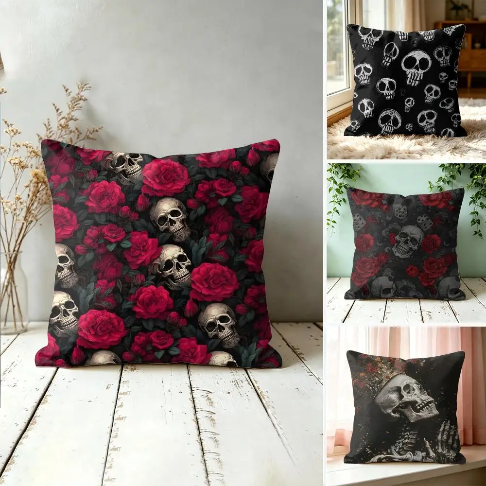 Skull & Red Rose Cushion Cover Plush Fabric Soft Double-Sided Printed Sofa Warm Winter Home Gift Pillow Cover