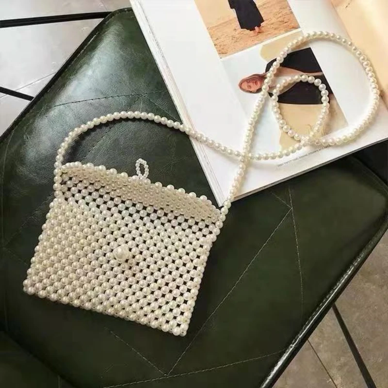 Fashion Pearl Woven Crossbody Bags for Women Small Wallet Handbags Luxury Ladies Phone Flap Shoulder Bag