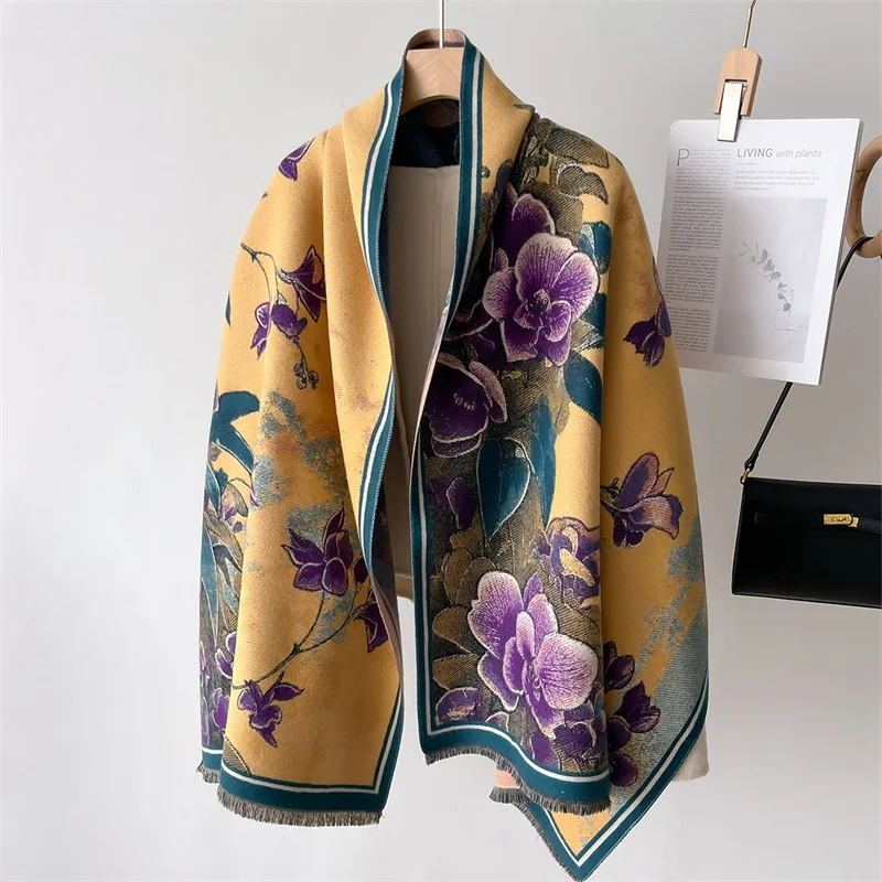 Luxury Warm Poncho Cashmere Winter Women Scarf Floral Print Shawl Wraps Female Thick Pashmina Blanket Bufanda Travel Echarpe