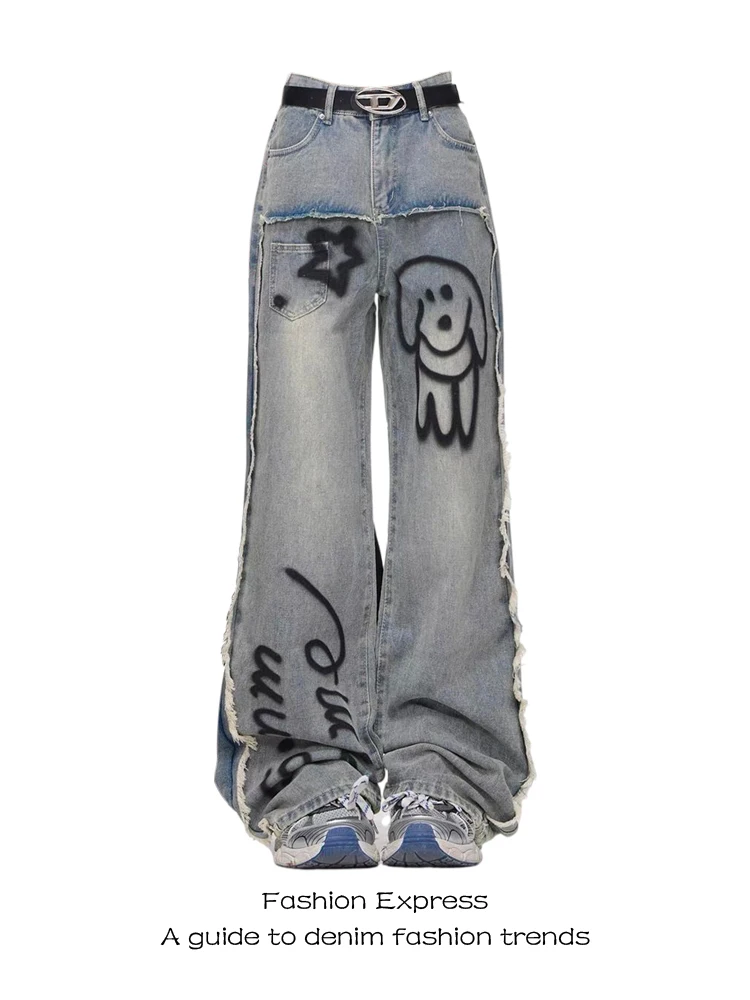 

Джинсы женские Hand-Dn Doodle Little Dog Denim, осенне-зимние, свободные, прямые, широкие, с высокой талией, на молнии