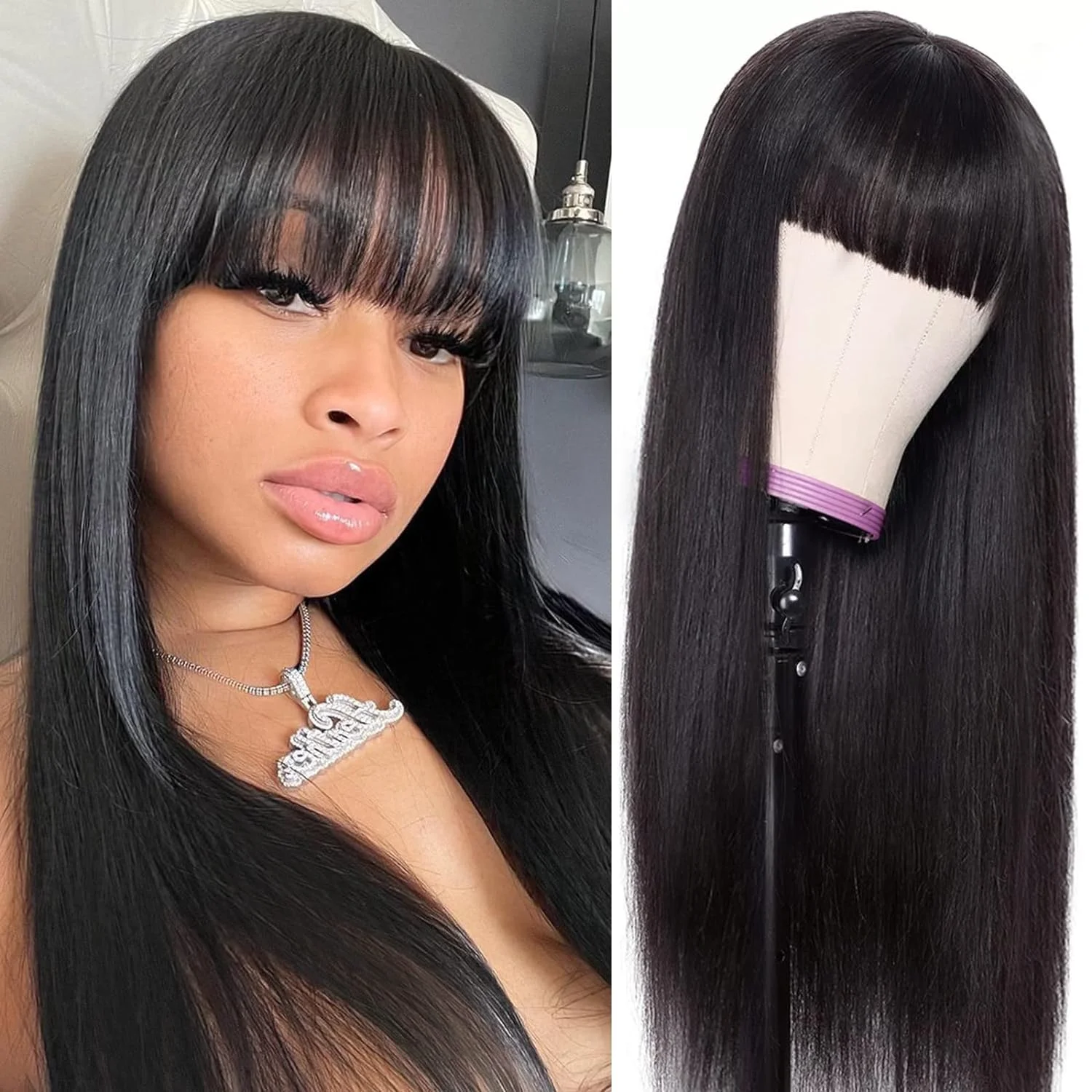 Straight Human Hair Wigs with Bangs 3x1 Lace Front Wigs 180% Density Glueless Machine Made Brazilian Virgin Human Hair Wigs